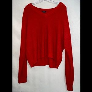 Red cropped ribbed knit sweater